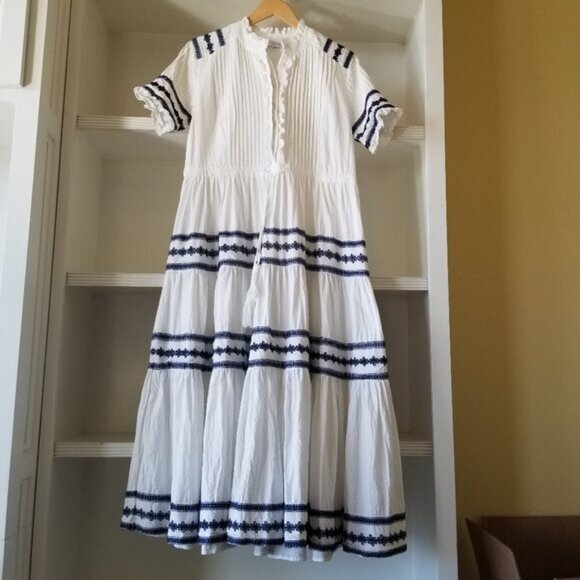 IVY CITY CO - Santorini Cotton Dress - White and Dark Blue - Tassels - Medium - Picture 1 of 10